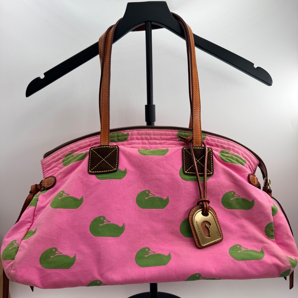 Dooney & Bourke Pink Canvas Green Duck Print Shoulder Bag Leather Trim Zip Top